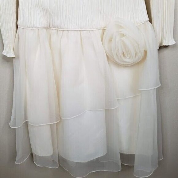 Vintage White Long Sleeve Pleated Dress With Layered Chiffon Skirt & Rose Detail - Picture 4 of 9